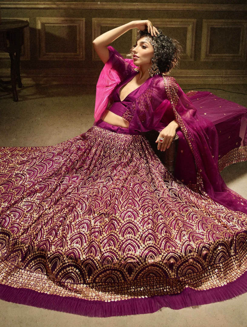 Purple soft net sequence work bridal lehenga choli