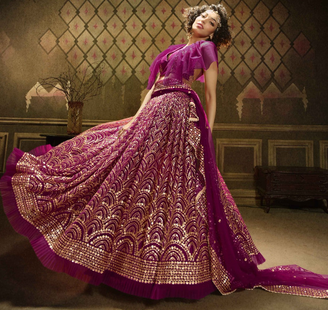Purple soft net sequence work bridal lehenga choli