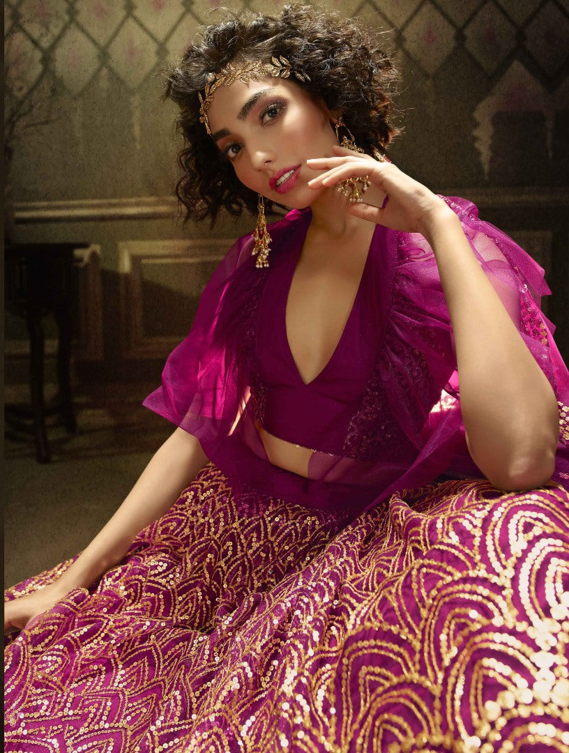 Purple soft net sequence work bridal lehenga choli