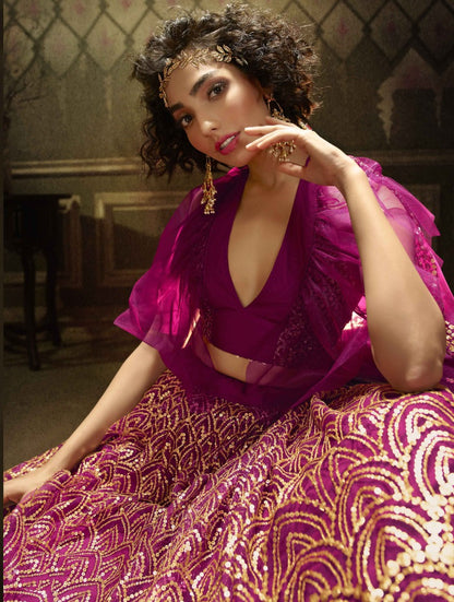 Purple soft net sequence work bridal lehenga choli