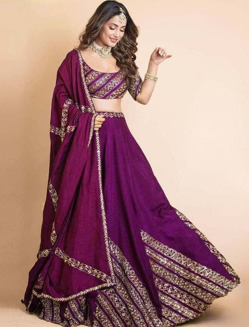 Purple taffeta silk embroidered wedding lehenga choli