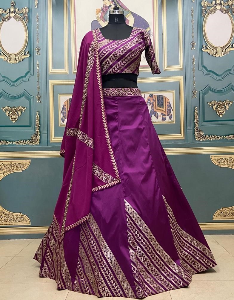 Purple taffeta silk embroidered wedding lehenga choli