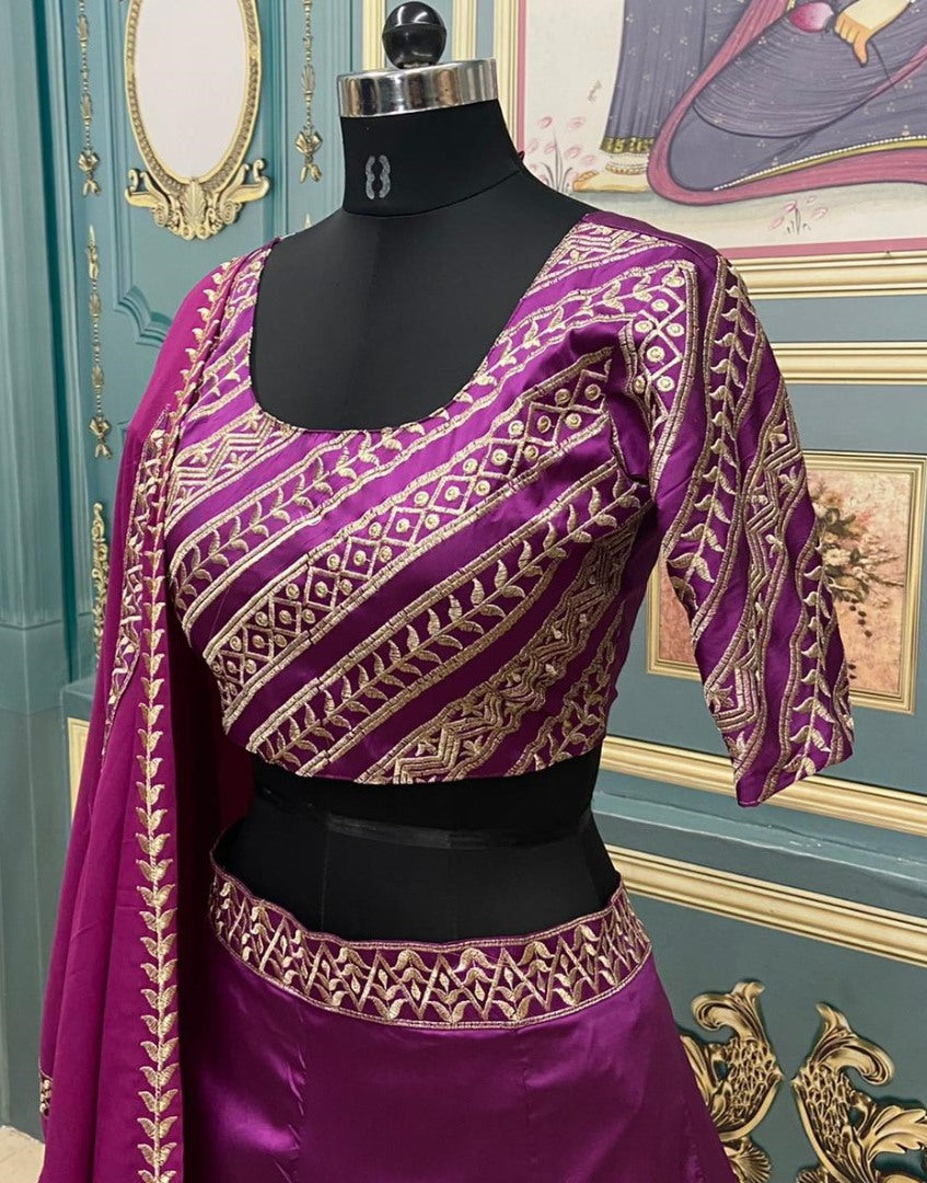 Purple taffeta silk embroidered wedding lehenga choli