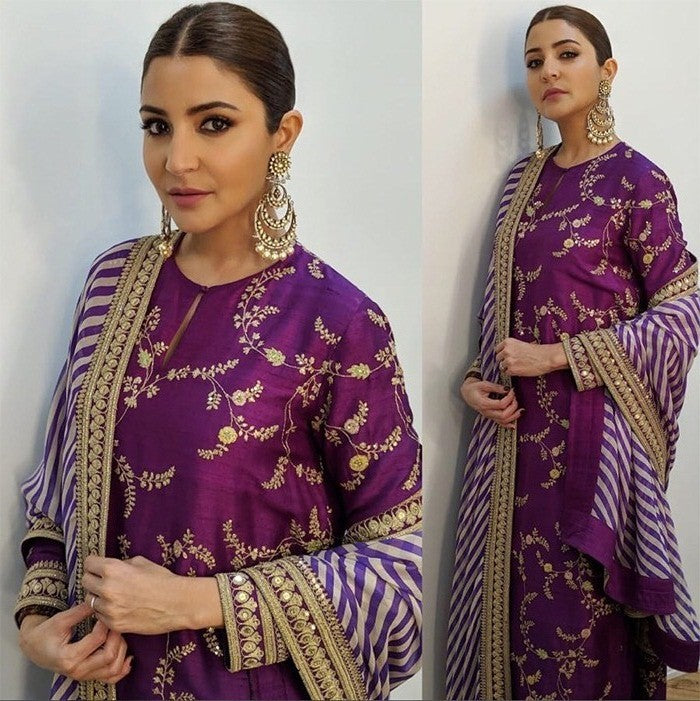 Purple tapeta silk embroidered bollywood style plazzo suit