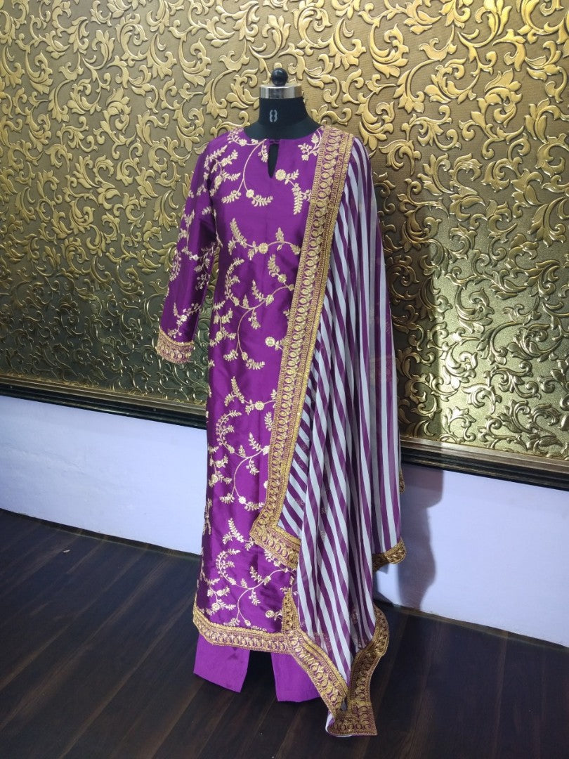 Purple tapeta silk embroidered bollywood style plazzo suit