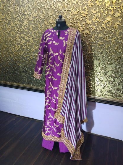 Purple tapeta silk embroidered bollywood style plazzo suit