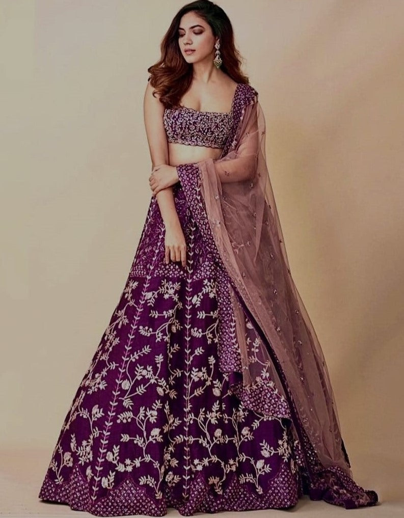 Purple tapeta silk heavy embroidered wedding lehenga choli