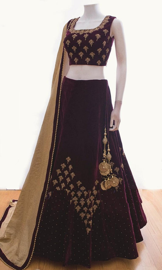 Purple velvet designer embroidered ceremonial lehenga choli