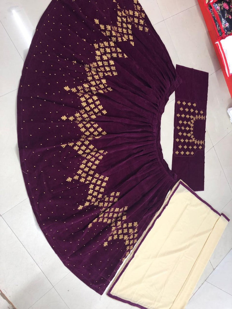 Purple velvet designer embroidered ceremonial lehenga choli