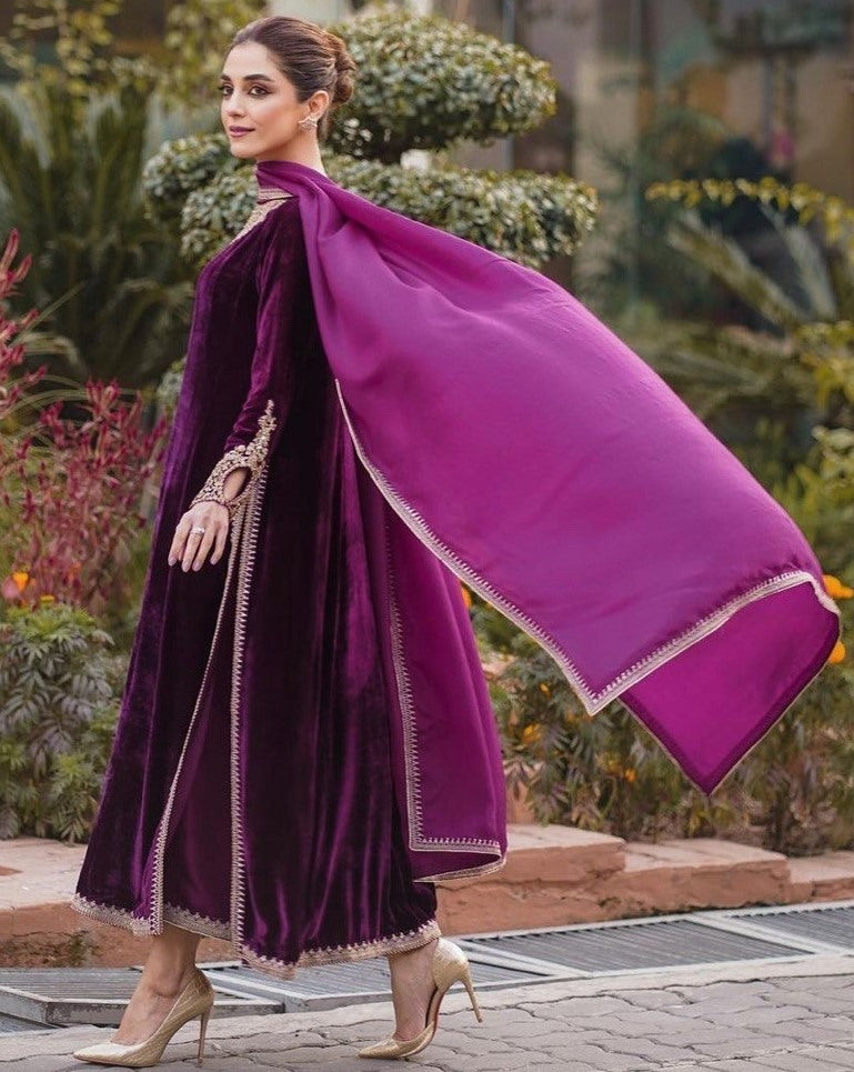 Purple velvet embroidered party wear salwar suit