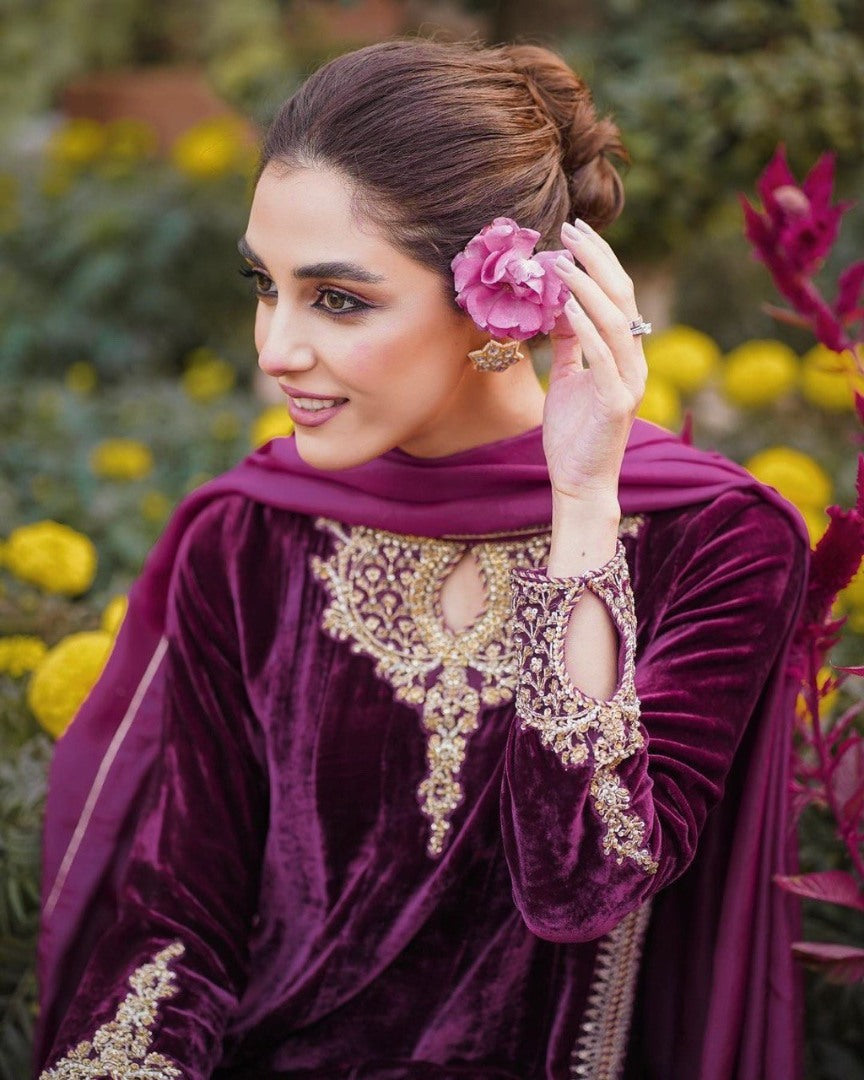 Purple velvet embroidered party wear salwar suit