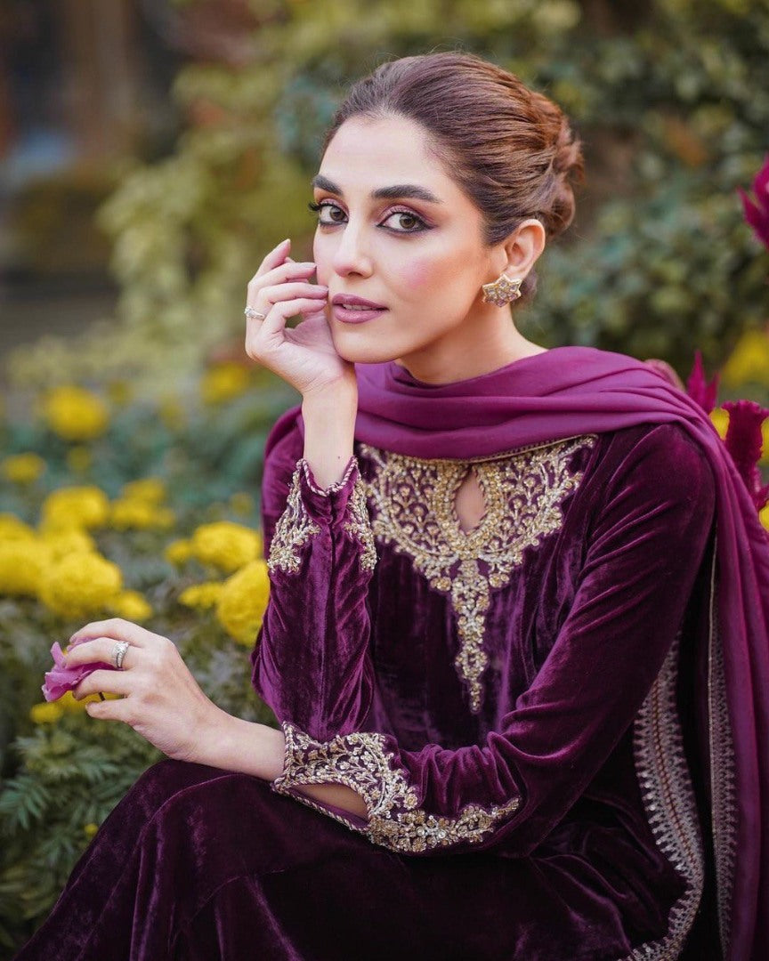 Purple velvet embroidered party wear salwar suit