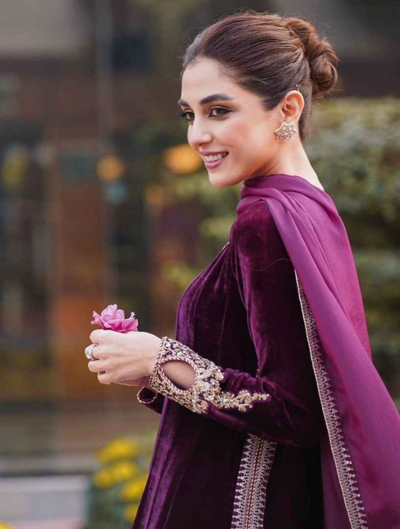 Purple velvet embroidered party wear salwar suit