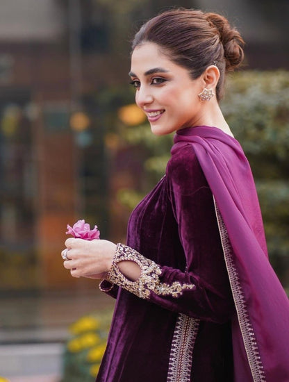 Purple velvet embroidered party wear salwar suit