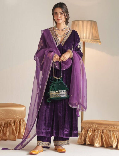 Purple velvet embroidered plazzo suit