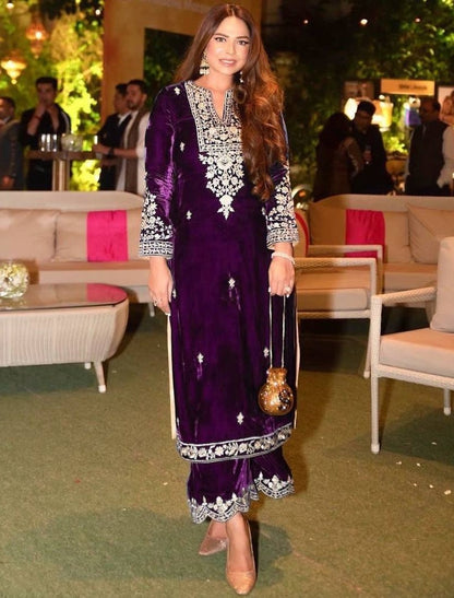 Purple velvet embroidered plazzo suit