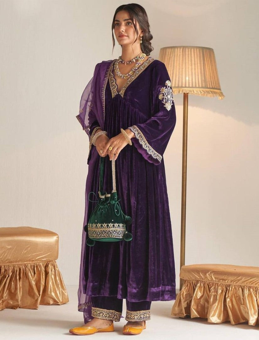 Purple velvet embroidered plazzo suit
