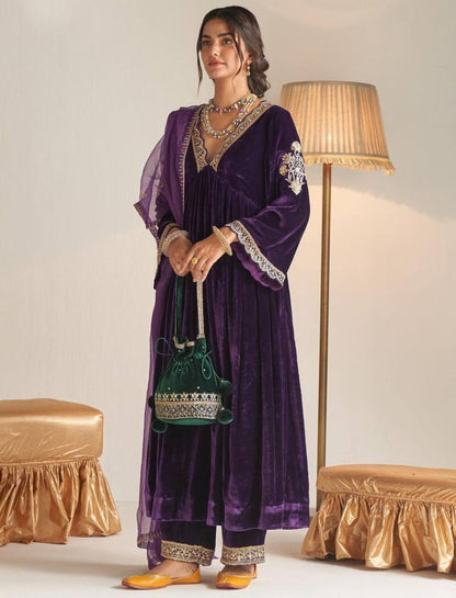 Purple velvet embroidered plazzo suit