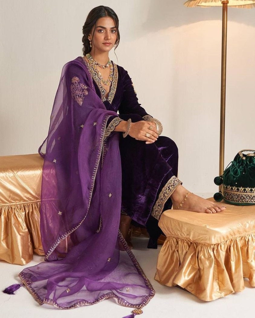 Purple velvet embroidered plazzo suit