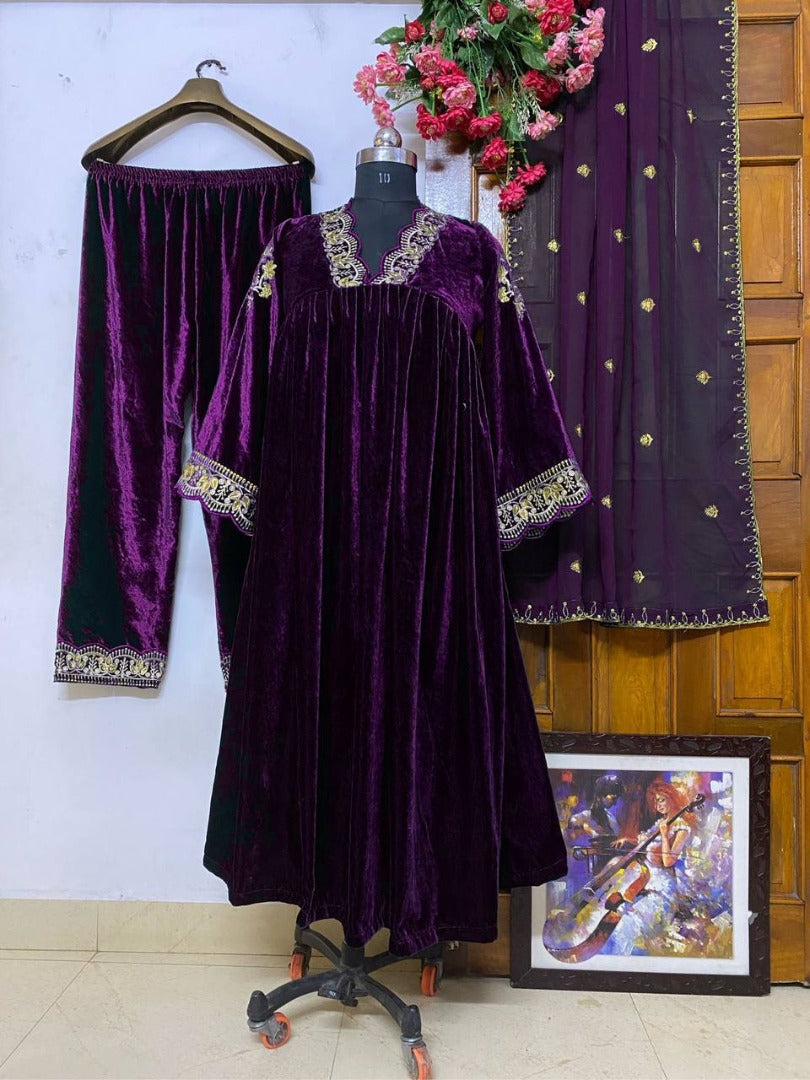 Purple velvet embroidered plazzo suit