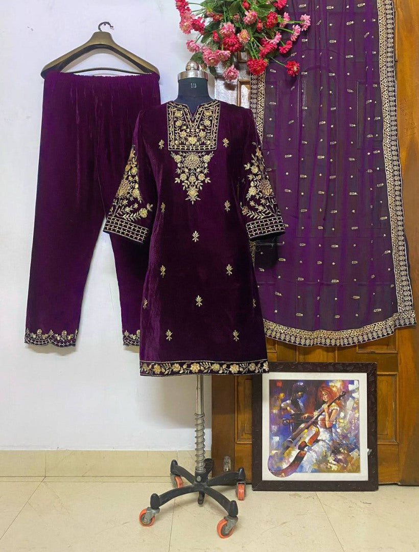 Purple velvet embroidered plazzo suit