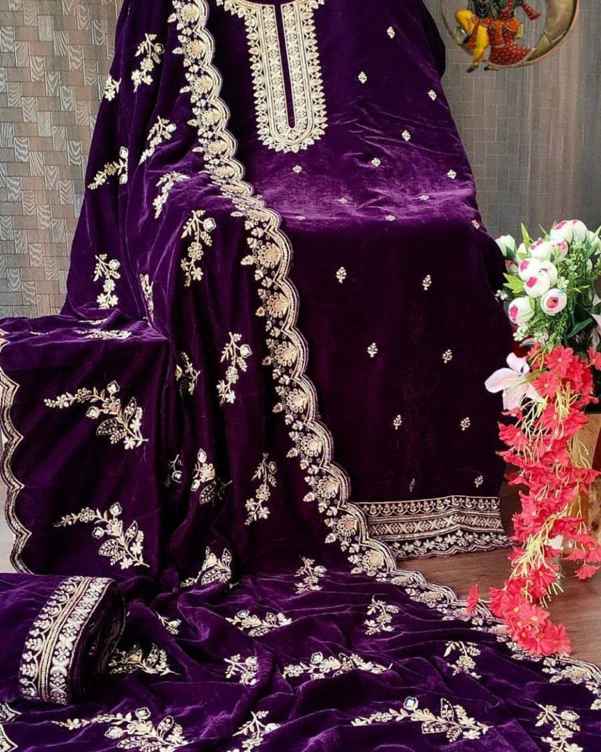 Purple velvet embroidery work plazzo suit