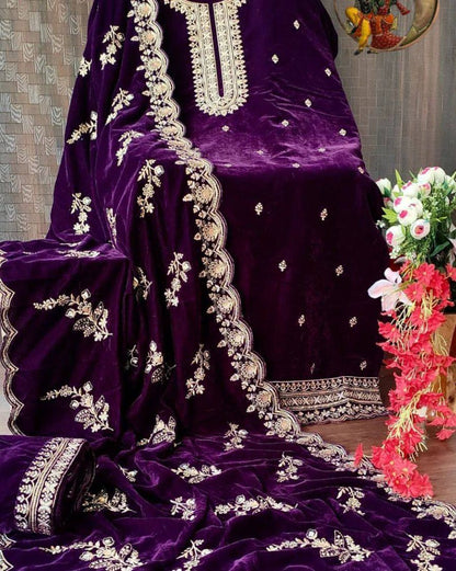 Purple velvet embroidery work plazzo suit