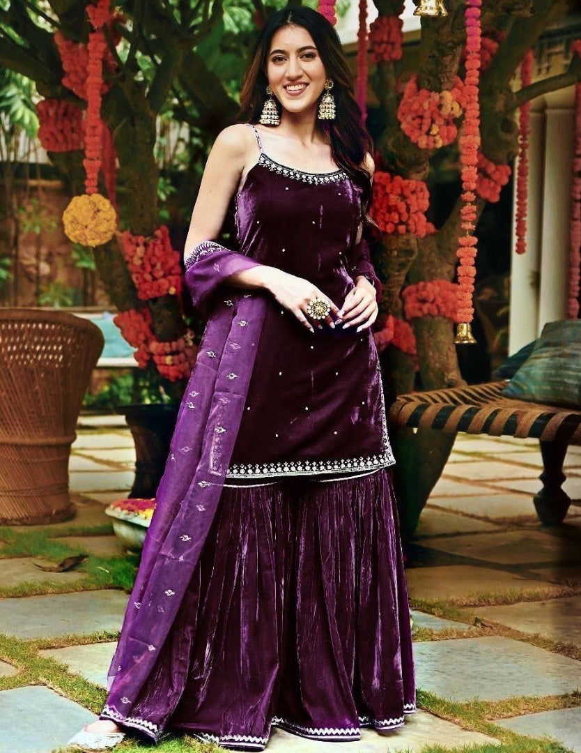 Purple velvet embroidery worked plazzo suit
