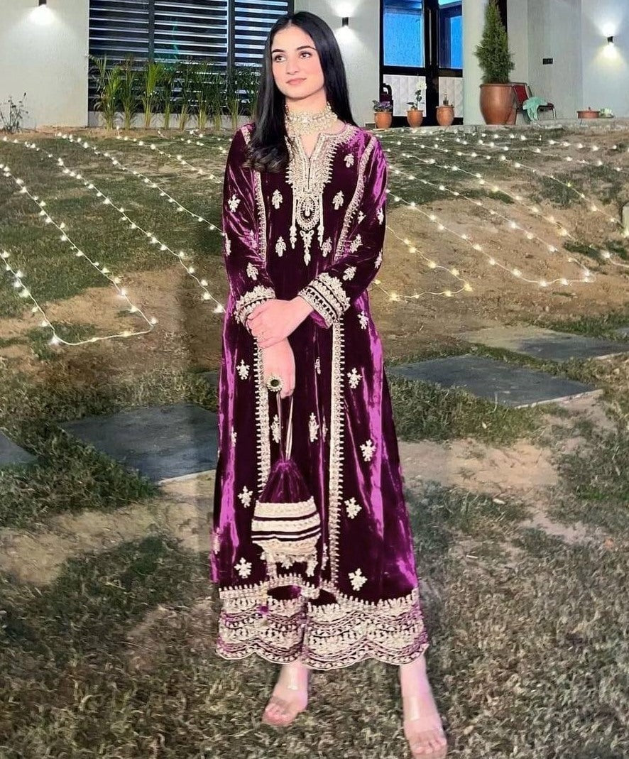 Purple velvet embroidery worked plazzo suit