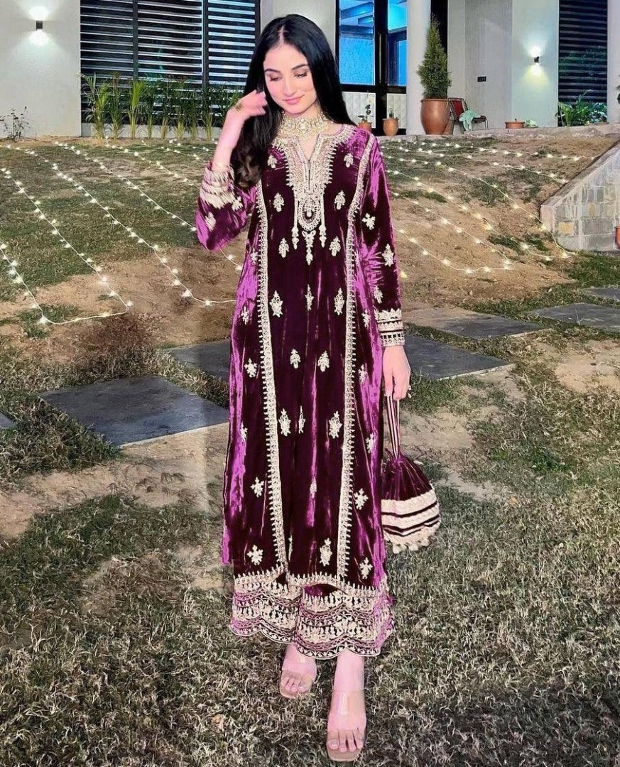 Purple velvet embroidery worked plazzo suit