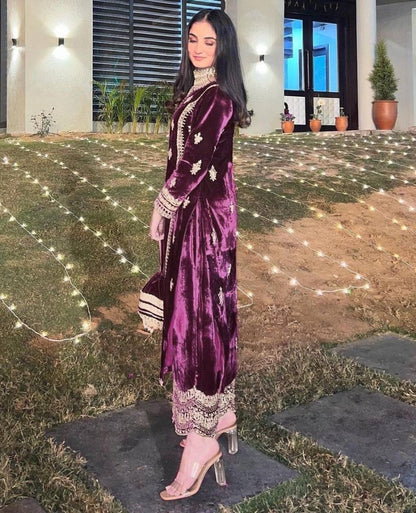 Purple velvet embroidery worked plazzo suit