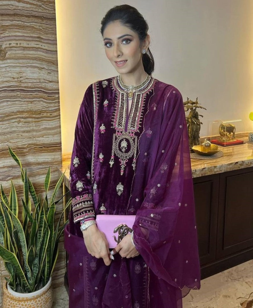 Purple velvet embroidery worked plazzo suit