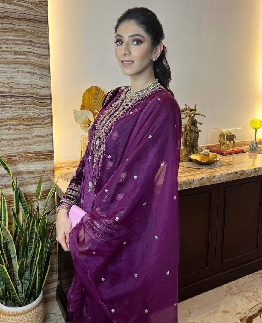 Purple velvet embroidery worked plazzo suit