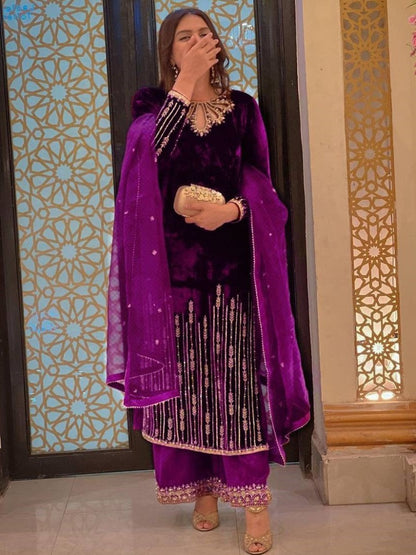 Purple velvet embroidery worked plazzo suit for wedding