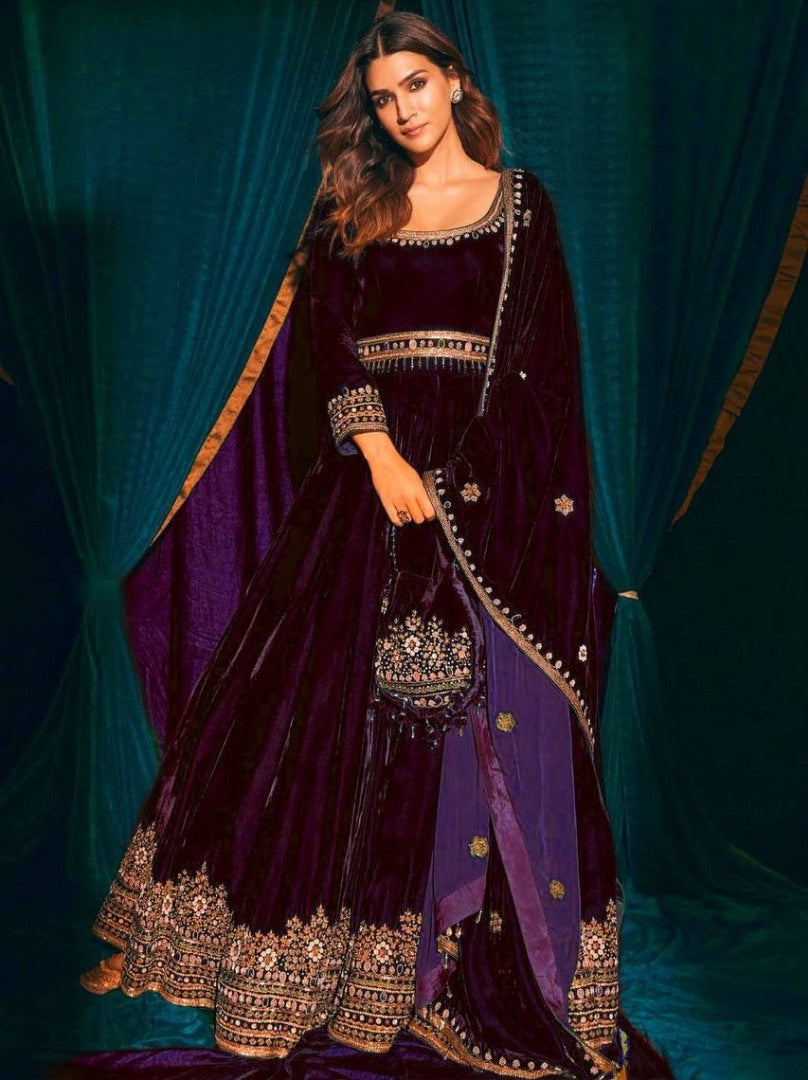 Purple velvet embroidery worked wedding gown