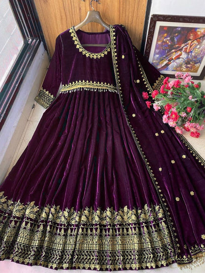 Purple velvet embroidery worked wedding gown