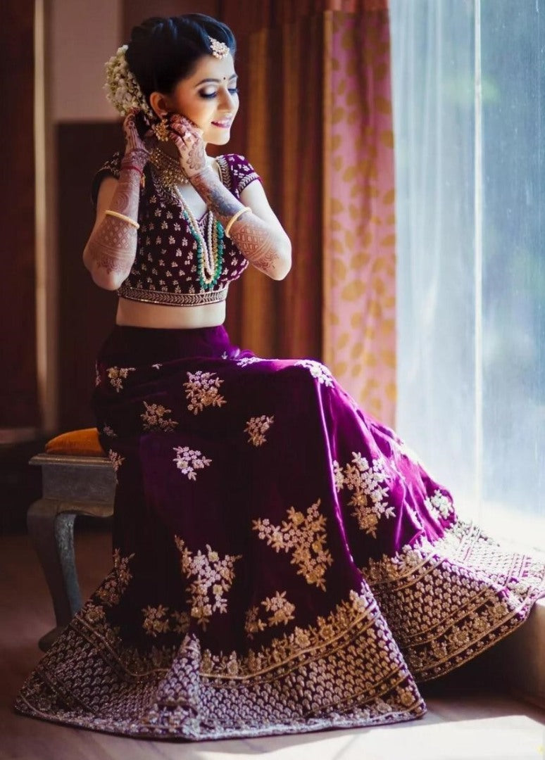 Purple velvet heavy embroidered wedding lehenga choli