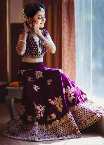 Purple velvet heavy embroidered wedding lehenga choli