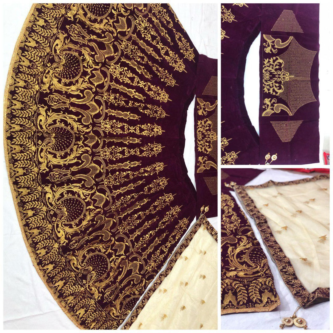 Purple velvet heavy embroidered wedding lehenga choli