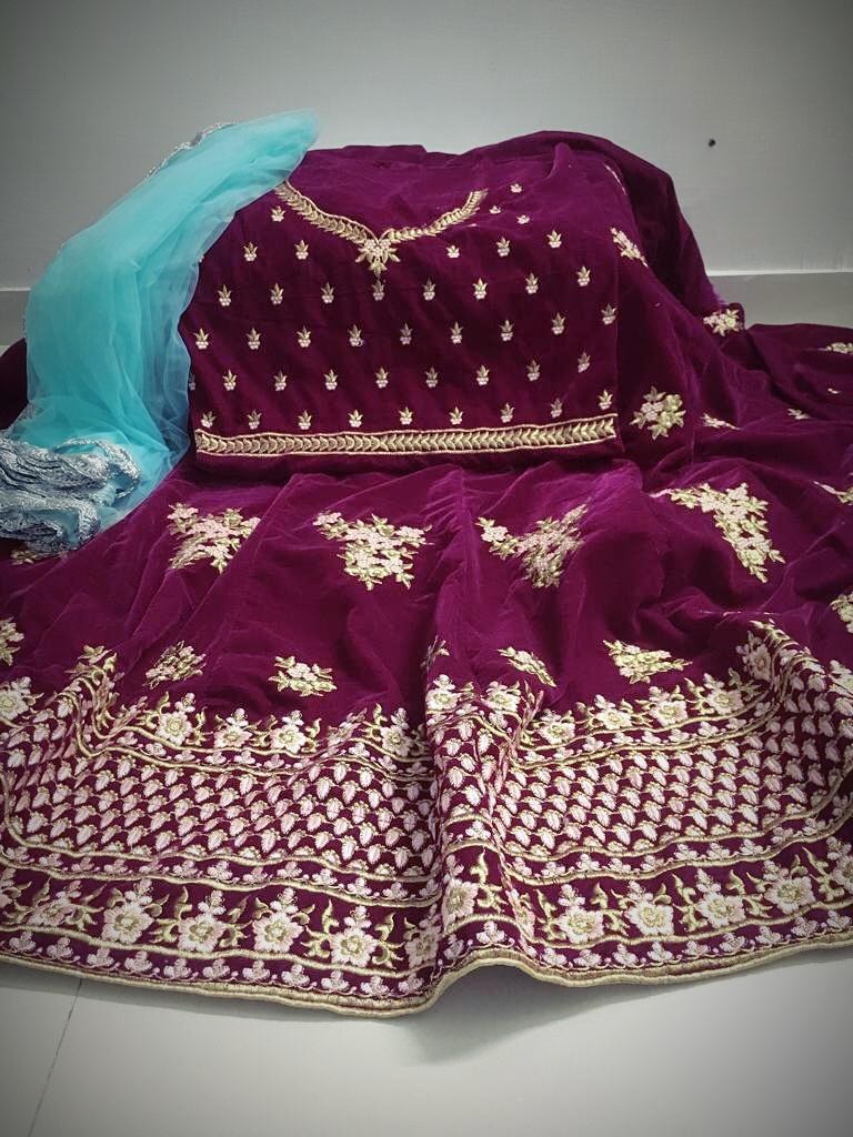 Purple velvet heavy embroidered wedding lehenga choli