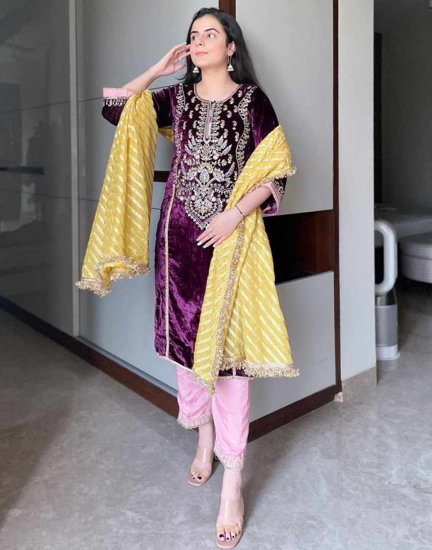 Purple velvet heavy embroidery work palazzo suit