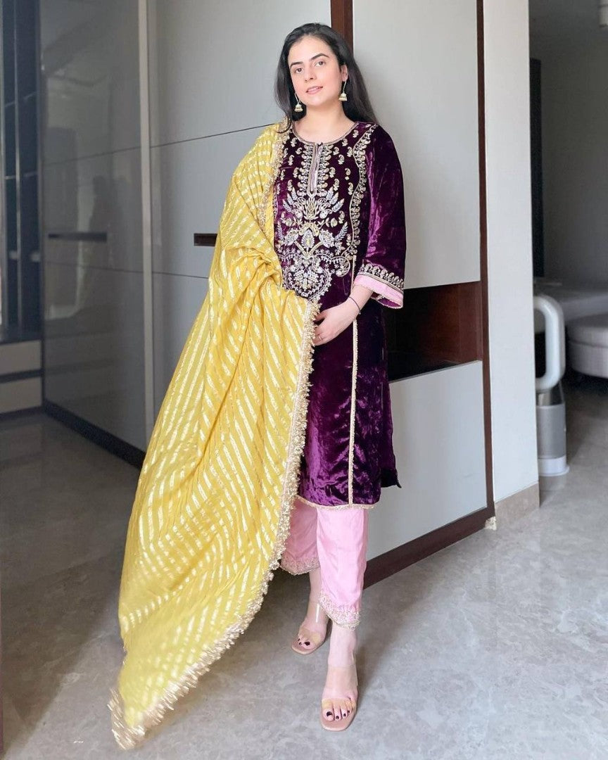 Purple velvet heavy embroidery work palazzo suit
