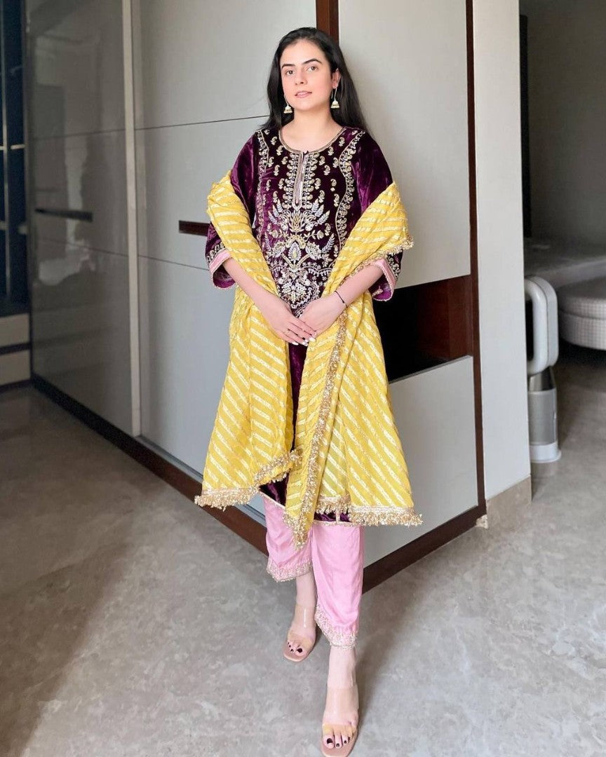 Purple velvet heavy embroidery work palazzo suit