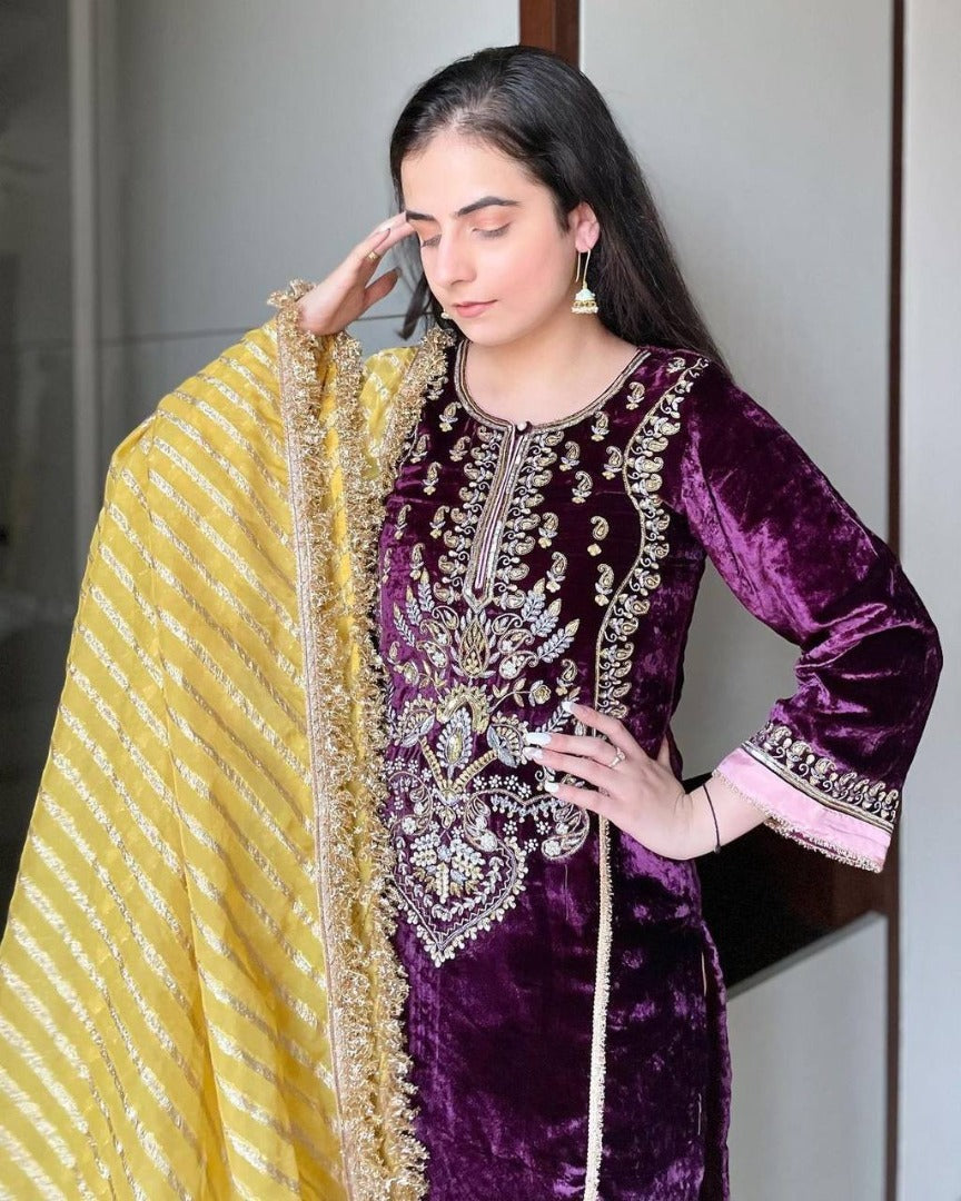 Purple velvet heavy embroidery work palazzo suit