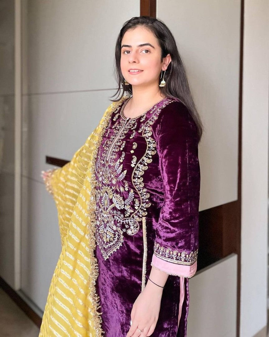 Purple velvet heavy embroidery work palazzo suit