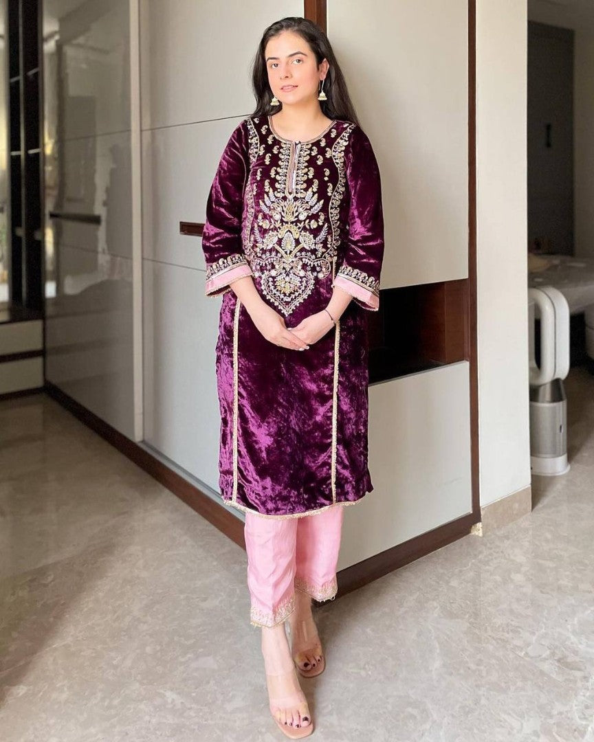 Purple velvet heavy embroidery work palazzo suit