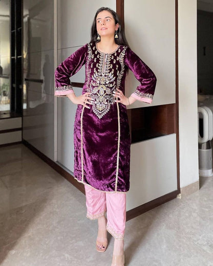 Purple velvet heavy embroidery work palazzo suit