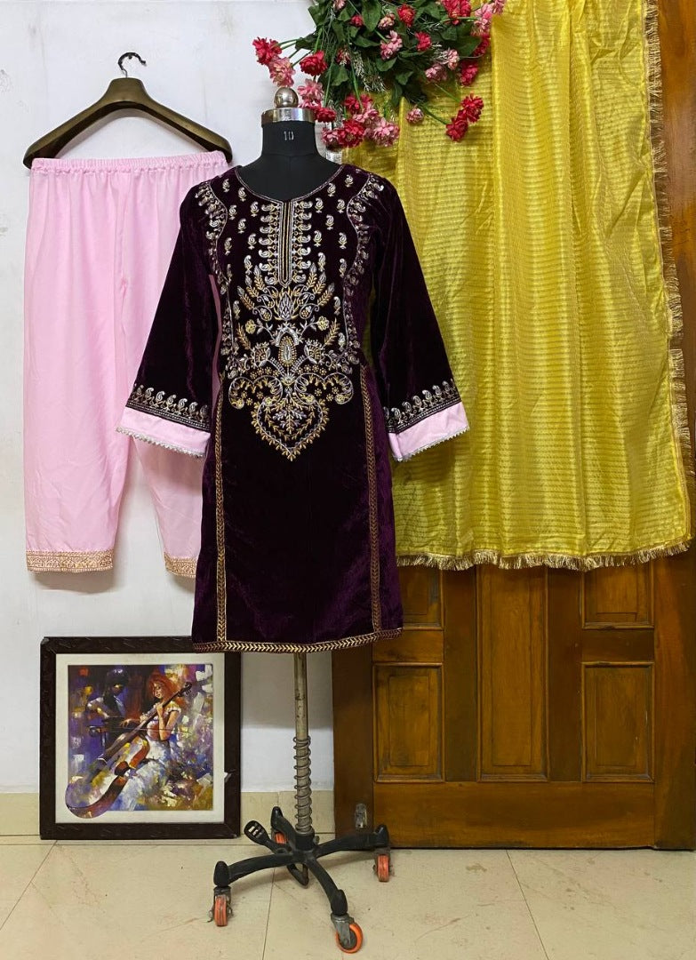 Purple velvet heavy embroidery work palazzo suit