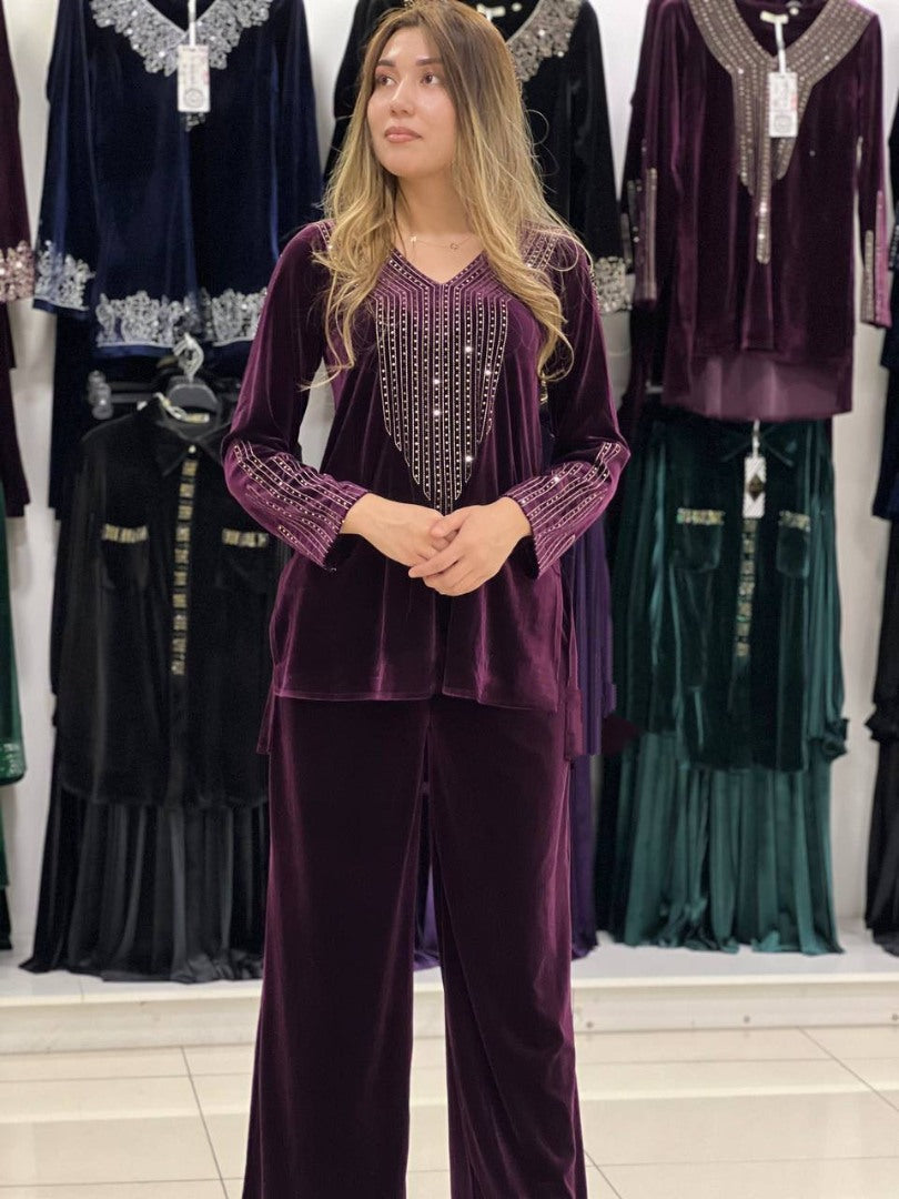 Purple velvet sparkling diamond work palazzo suit