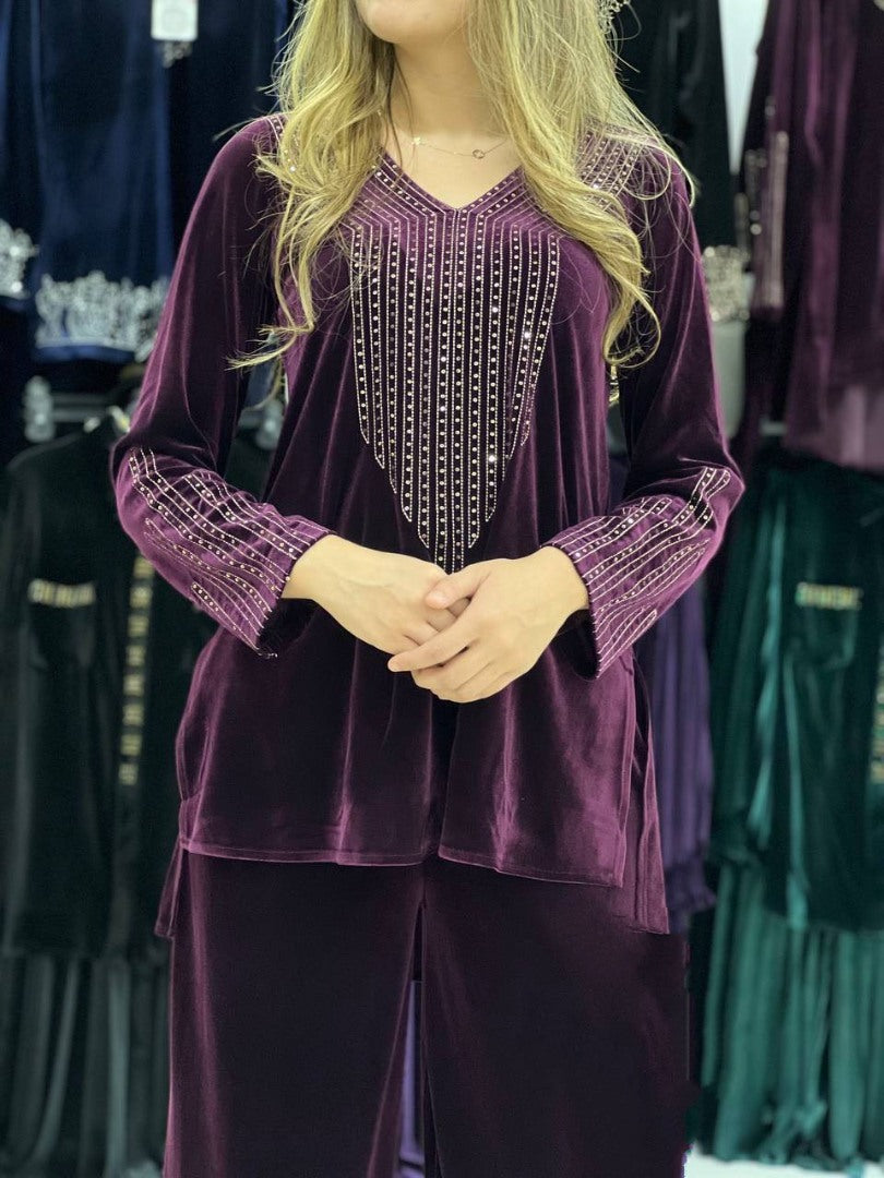 Purple velvet sparkling diamond work palazzo suit